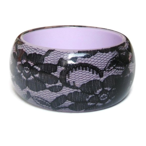 Jewelry - Purple Black Lace Efect Bangle Embedded Lacy Lucite Chunky Cuff